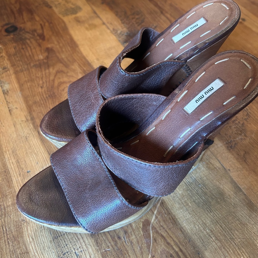 Miu Miu Dark Brown Leather Wedge Sandals